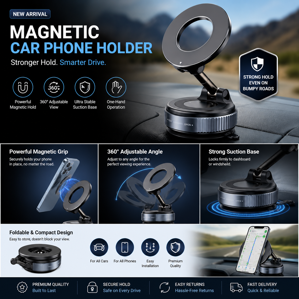 Luxury 360° Rotating Magnetic Phone Holder Stand for Car, Office Desk, Kitchen & Home – Adjustable Foldable Mobile Mount for Multi-Purpose Use
