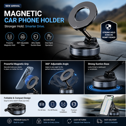 Luxury 360° Rotating Magnetic Phone Holder Stand for Car, Office Desk, Kitchen & Home – Adjustable Foldable Mobile Mount for Multi-Purpose Use
