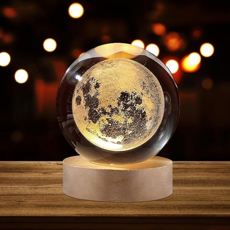 3D Moon Crystal Ball Lamp – Wooden LED Base, USB Night Light - Image 5