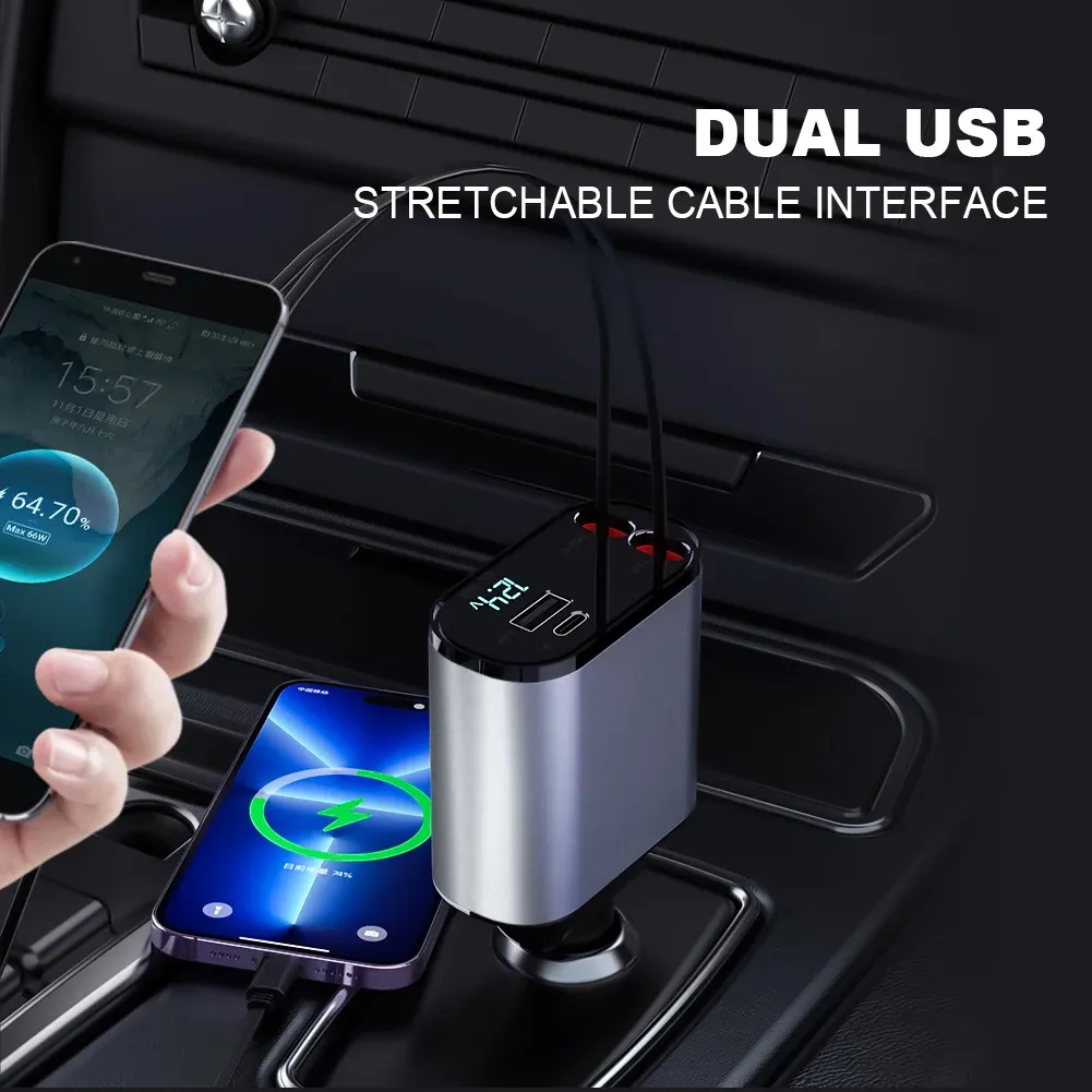 4-in-1 Fast Car Charger – USB-C + USB Ports with LED Light - Image 2