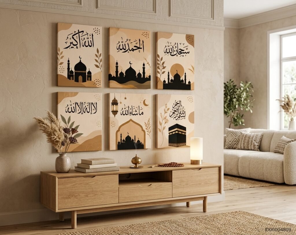 Beige Masjid & Calligraphy Wall Frames – Set of 6