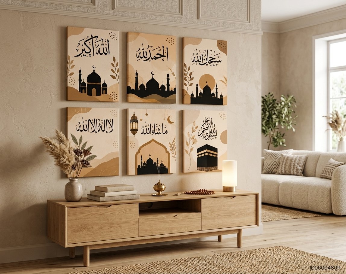 Beige Masjid & Calligraphy Wall Frames – Set of 6