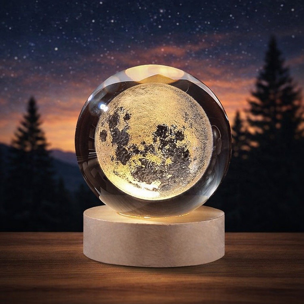 3D Moon Crystal Ball Lamp – Wooden LED Base, USB Night Light - Image 2