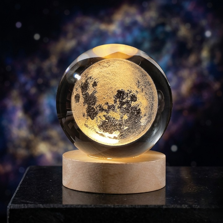 3D Moon Crystal Ball Lamp – Wooden LED Base, USB Night Light - Image 4