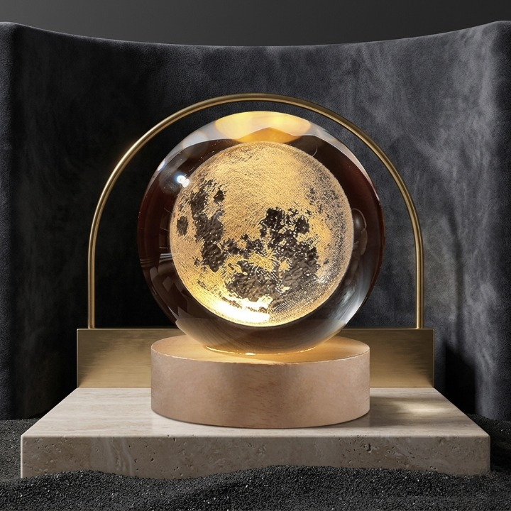 3D Moon Crystal Ball Lamp – Wooden LED Base, USB Night Light - Image 3