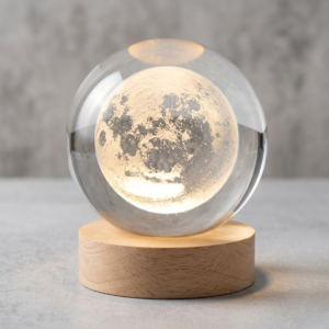 3D Moon Crystal Ball Lamp – Wooden LED Base, USB Night Light
