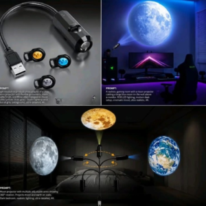Moon & Earth Projector Lamp – USB, 360° Flexible Neck, 6 Slides