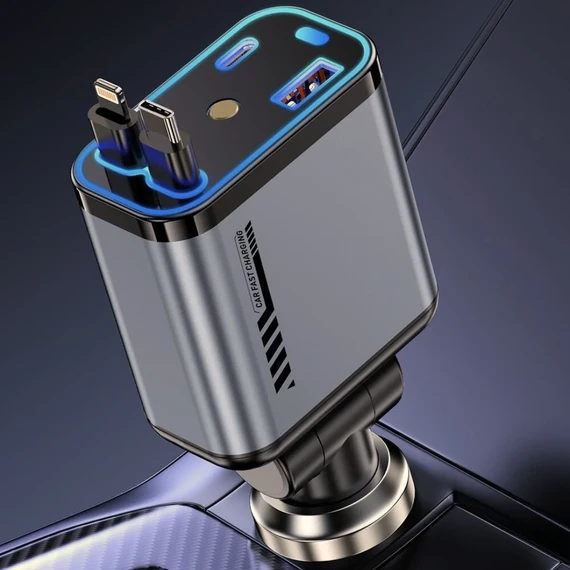 4-in-1 Fast Car Charger – USB-C + USB Ports with LED Light