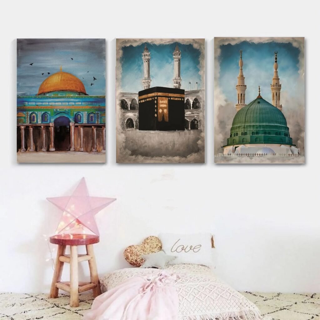 Holy Sites Wall Frames – Masjid al-Aqsa, Kaaba & Masjid an-Nabawi (Set of 3)